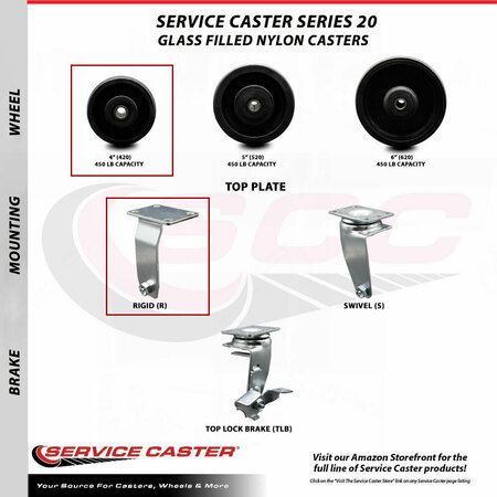 Service Caster 4 Inch Glass Filled Nylon Caster Set with Roller Bearings 2 Brakes 2 Rigid SCC SCC-20S420-GFNR-TLB-2-R-2